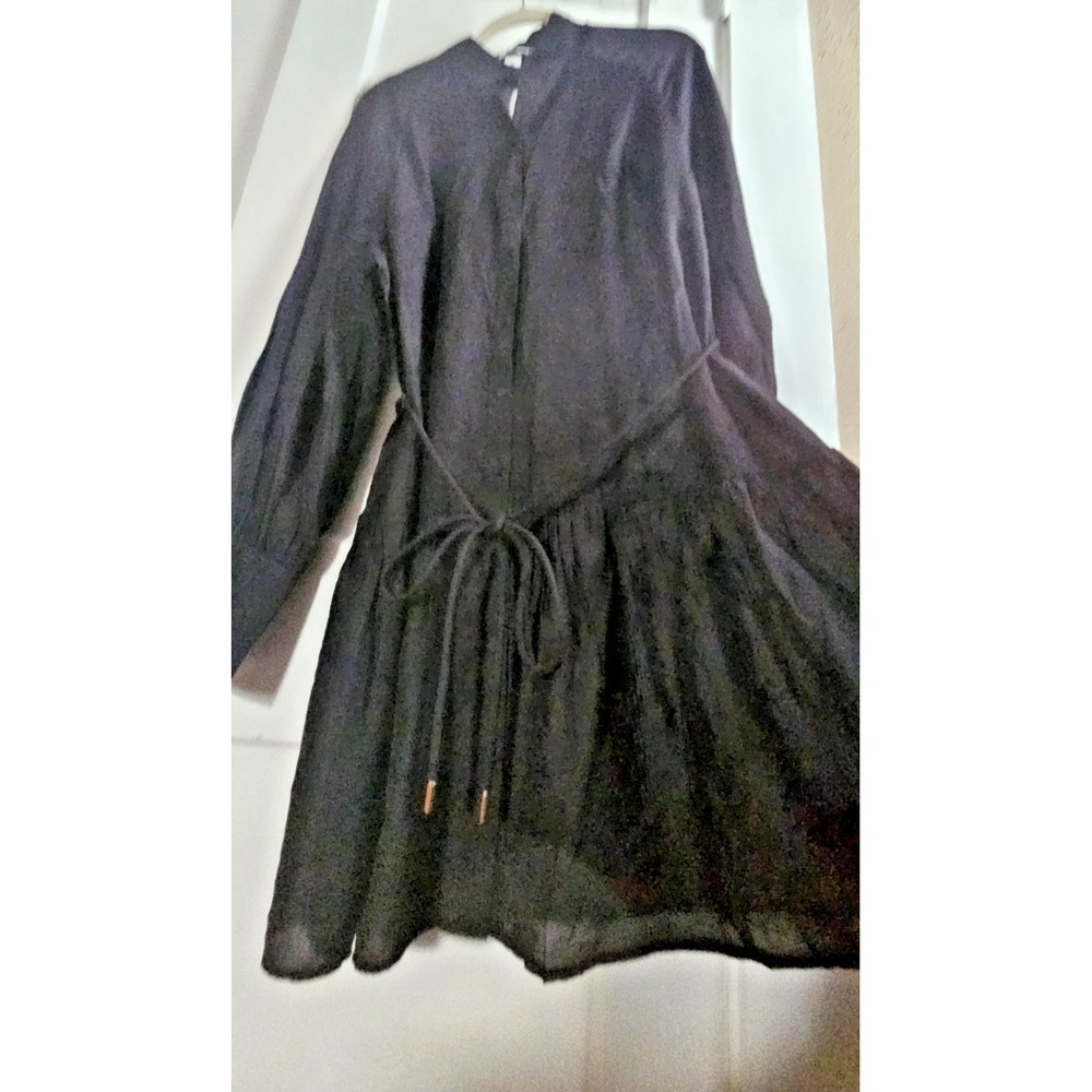 NWT H&m woman Sz L LivaEco Viscose black button up shirt dress ruffle hem w/rope